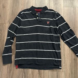 Black with White Stripes American Eagle Long Sleeve Polo